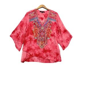 Calessa Top Women L Embroidered Layered Tie Dye Aztec Boho Hippie Artsy Festival